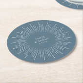 Dessous-de-verre Rond En Papier Mariage Blue Sunburst moderne (Incliné)