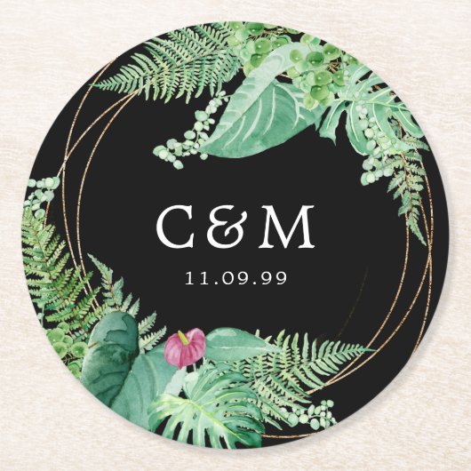 Dessous-de-verre Rond En Papier Mariage botanique tropical Monogramme et date (Devant)