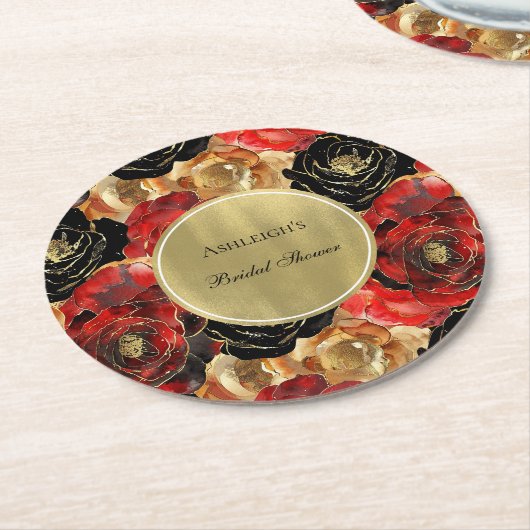 Dessous-de-verre Rond En Papier Mariage brillant floral rouge noir or (Incliné)