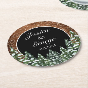 Dessous-de-verre Rond En Papier Mariage campagnard de pin de bois et de pin de nei