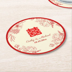 Dessous-de-verre Rond En Papier Mariage chinois rouge beige floral oriental