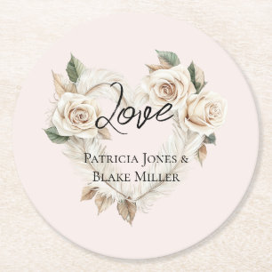 Dessous-de-verre Rond En Papier Mariage Coeur Plumes Roses Blush Romantique