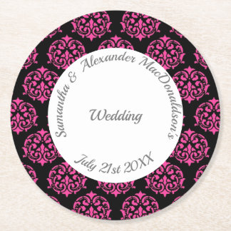 Dessous-de-verre Rond En Papier Mariage damassé rose et noir Fuchsia