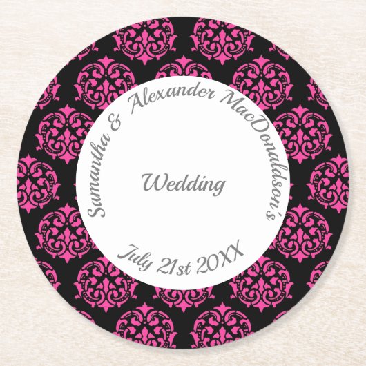 Dessous-de-verre Rond En Papier Mariage damassé rose et noir Fuchsia (Devant)