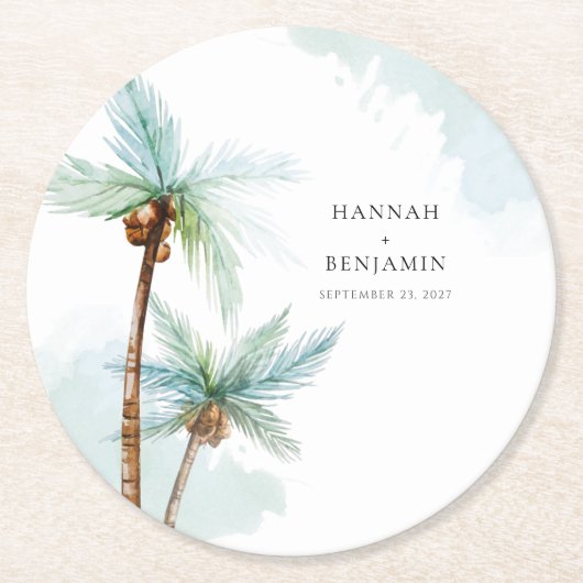Dessous-de-verre Rond En Papier Mariage d'aquarelle Tropical Beach Palm Tree (Devant)