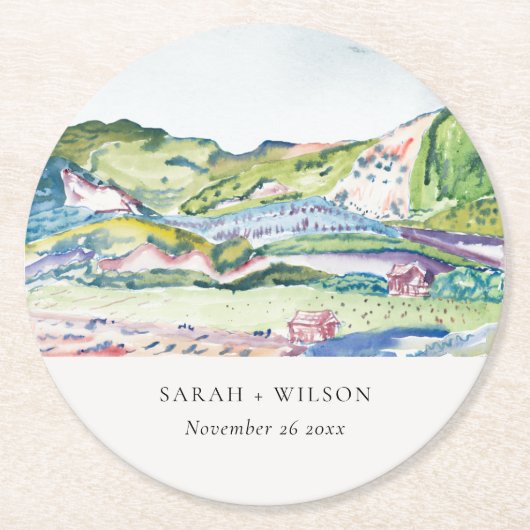 Dessous-de-verre Rond En Papier Mariage d'aquarelle vif Mountain Scape (Devant)