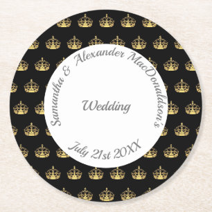 Dessous-de-verre Rond En Papier Mariage de couronne noir et or