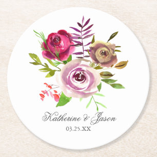 Dessous-de-verre Rond En Papier Mariage de jardin romantique floral rose fuchsia