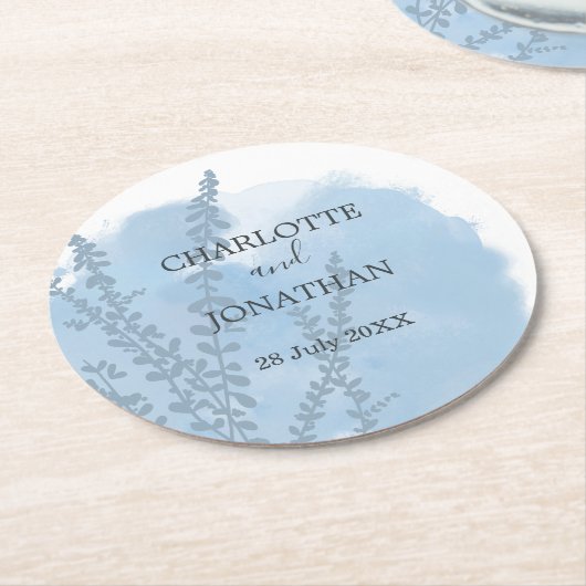 Dessous-de-verre Rond En Papier Mariage de lavage bleu céleste à l'aquarelle botan (Incliné)