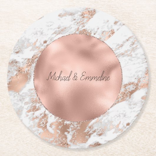 Dessous-de-verre Rond En Papier Mariage de Marbre blanc rose Gold Glitz (Devant)