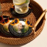 Dessous-de-verre Rond En Papier Mariage de mariée de tournesol rustique<br><div class="desc">Mariage campagnard rustique photo ronde personnalisée boisson dessous de verre faveur cadeau avec bouquets de tournesol jaune or sur un bois de grange brun foncé avec cordes de lumières scintillantes.               Facile à customiser avec votre texte et votre photo !             Il peut s'agir d'un joli cadeau pour un nouveau couple.</div>