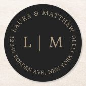 Dessous-de-verre Rond En Papier Mariage de monogramme d'or noir (Devant)