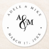 Dessous-de-verre Rond En Papier Mariage de monogramme noir et blanc moderne (Devant)