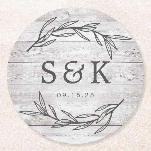 Dessous-de-verre Rond En Papier Mariage de monogramme Rustique Laurel Leaf (Devant)