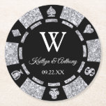 Dessous-de-verre Rond En Papier Mariage de Parties scintillant de poker en argent<br><div class="desc">Célébrez en style avec ces dessous de verre de puces de poker à la mode. Le design est facile à personnaliser avec votre propre libellé et votre famille et vos amis seront ravis de voir ces dessous de verre fabuleux.</div>