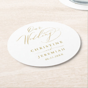 Dessous-de-verre Rond En Papier Mariage de script élégant en or blanc simple