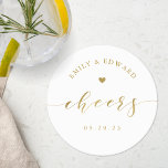 Dessous-de-verre Rond En Papier Mariage de script or élégant moderne<br><div class="desc">Dessous de verre mariages personnalisés avec design moderne et élégant en écriture dorée "cheers".</div>