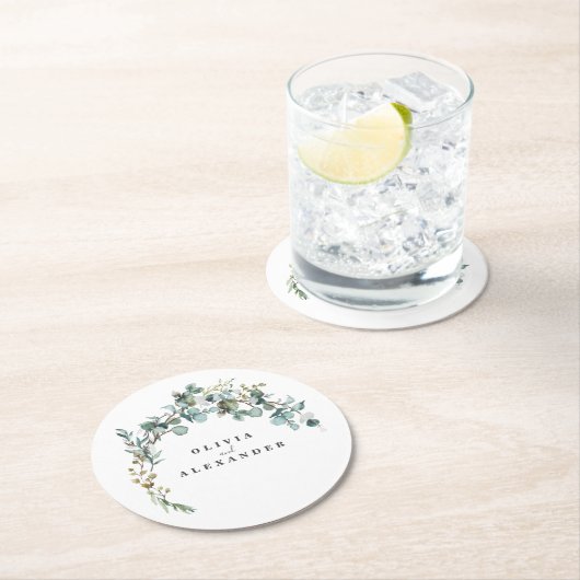 Dessous-de-verre Rond En Papier Mariage de verdure Eucalyptus (En situation)