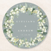 Dessous-de-verre Rond En Papier Mariage d'hiver Seafoam Green Snowberry+Eucalyptus (Devant)
