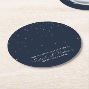 Dessous-de-verre Rond En Papier Mariage Elegant Marine & Silver Falling Stars