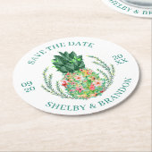 Dessous-de-verre Rond En Papier Mariage ENREGISTRER LA DATE Ananas Floral Tropical (Incliné)