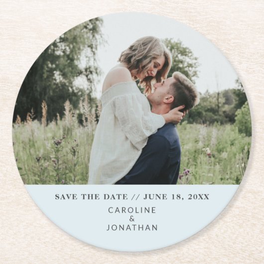 Dessous-de-verre Rond En Papier Mariage Enregistrer la date Photo Simple Minimal B (Devant)