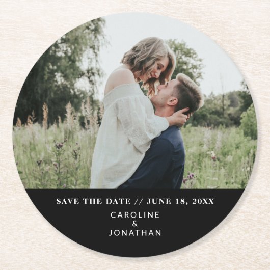 Dessous-de-verre Rond En Papier Mariage Enregistrer la date Photo Simple Minimal N (Devant)