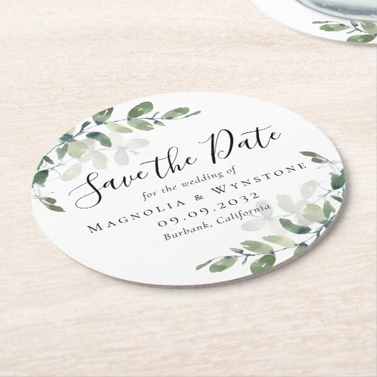 Dessous-de-verre Rond En Papier Mariage Eucalyptus Enregistrer La Date (Incliné)