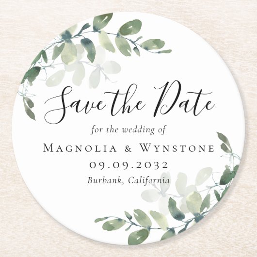 Dessous-de-verre Rond En Papier Mariage Eucalyptus Enregistrer La Date (Devant)