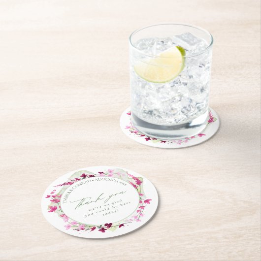 Dessous-de-verre Rond En Papier Mariage fleur sauvage Aquarelle Merci Fsia ID954 (En situation)