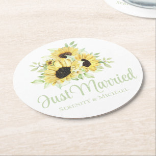 Dessous-de-verre Rond En Papier Mariage Fleuris Aquarelle Tournesol