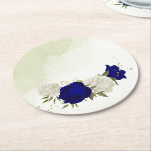 Dessous-de-verre Rond En Papier mariage fleurs verdure bleu royal et blanc