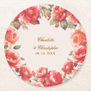 Dessous-de-verre Rond En Papier Mariage Floral Aquarelle Roses Rouges Romantique