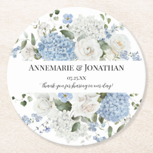 Dessous-de-verre Rond En Papier Mariage floral avec hydrangeas bleus et blancs et