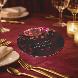 Dessous-de-verre Rond En Papier Mariage Floral Élégant Gothique Rouge Noir Humeur