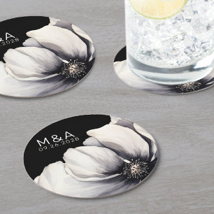 Dessous-de-verre Rond En Papier Mariage Floral Noir Monogramme Moderne