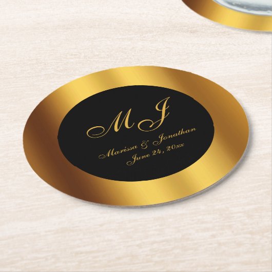 Dessous-de-verre Rond En Papier Mariage frontalier de luxe Black Gold Calligraphie (Incliné)