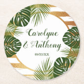 Dessous-de-verre Rond En Papier Mariage Gold Foil & Green Palm Leaf Beach (Devant)