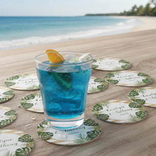 Dessous-de-verre Rond En Papier Mariage Gold Foil & Green Palm Leaf Beach