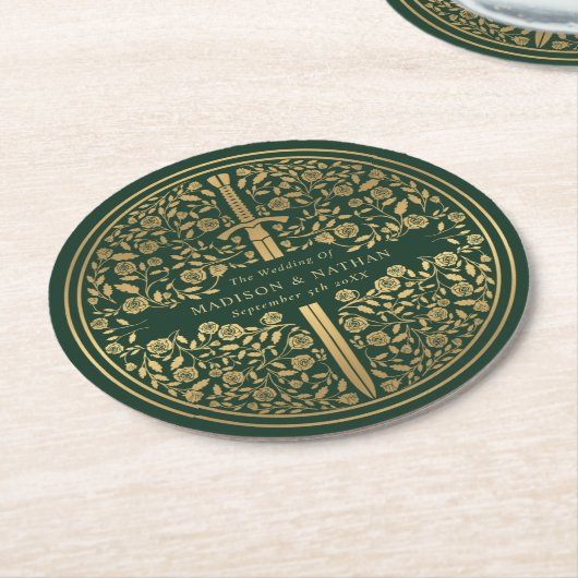 Dessous-de-verre Rond En Papier Mariage médiéval royal vert (Incliné)