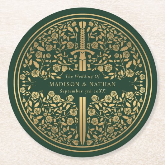 Dessous-de-verre Rond En Papier Mariage médiéval royal vert (Devant)