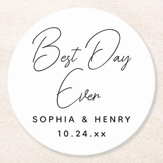 Dessous-de-verre Rond En Papier Mariage Meilleur Jour Jamais Moderne Élégant (Devant)