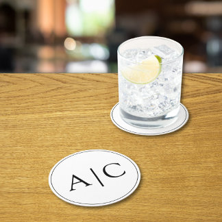 Dessous-de-verre Rond En Papier Mariage minimaliste de monogramme blanc