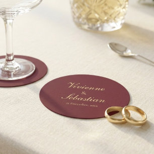 Dessous-de-verre Rond En Papier Mariage Minimaliste Élégant Bourgogne Or