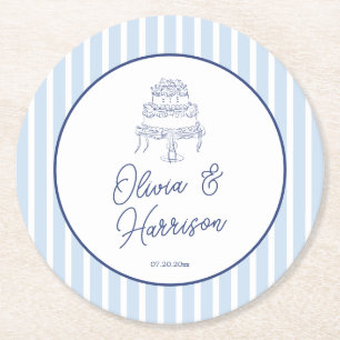 Dessous-de-verre Rond En Papier Mariage Minimaliste Rayure Cabane Bleue