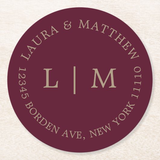 Dessous-de-verre Rond En Papier Mariage Monogram Bourgogne (Devant)