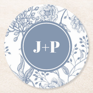 Dessous-de-verre Rond En Papier Mariage Monogramme Bleu Pervenche Floral