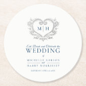 Dessous-de-verre Rond En Papier Mariage monogramme de couronne bleu coeur argenté (Devant)