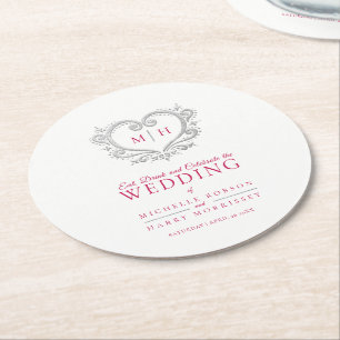 Dessous-de-verre Rond En Papier Mariage monogramme de couronne rouge de fraise arg