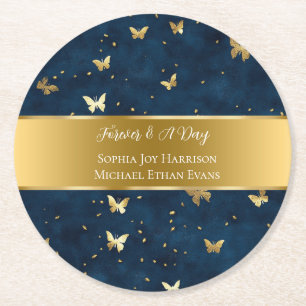 Dessous-de-verre Rond En Papier Mariage Papillons Bleu Or